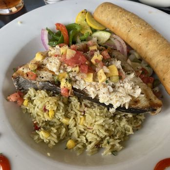 Stripers Bar & Grille - Wahoo fish of day topped with crab - Seafood Near Me - Manteo, North Carolina Stripers Bar & Grille - Wahoo fish of day topped with crab - Seafood Near Me - Manteo, North Carolina