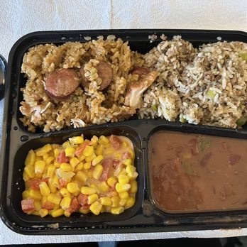 Jambalaya Bros - The Big Easy: jambalaya, dirty rice, corn maque choux, and red beans. (spoon for scale) - Food Trucks Near Me Jambalaya Bros - The Big Easy: jambalaya, dirty rice, corn maque choux, and red beans. (spoon for scale) - Food Trucks Near Me
