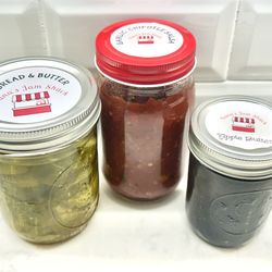 Nana’s Jam Shack & More - Local Justin farmers market haul from Nana's Jam Shack! - Garlic Chipotle Salsa - Bread and Butter Pickles - Apple Butter