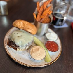 Red Cow North Loop - Mushroom Swiss burger, sweet potato wedges.