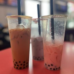 Thai tea with boba, taro with boba, strawberry with boba