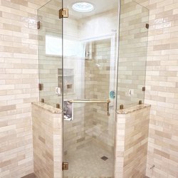 TT Glass & Windows - 3/8" Shower Guard Clear Tempered Frameless Neo Angle - Antique Bronze Hardware - Towel Bar Pull Combo on Door