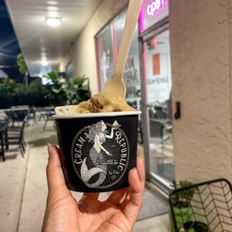 a hand holding a cup of ice cream