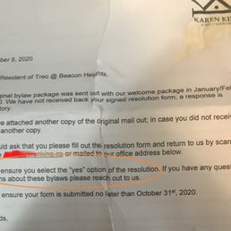 Told by KK&A that my response was "mandatory" and that I should vote "yes," but refused to answer my questions about the bylaw changes.
