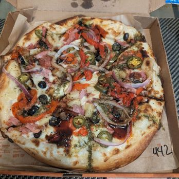 Blaze Pizza - Pepperoni, bacon, ham, red onion, roasted red peppers, pineapple, black olives and jalapenos with white sauce, pesto and balsamic drizzle - Salad Near Me - Henderson, Nevada