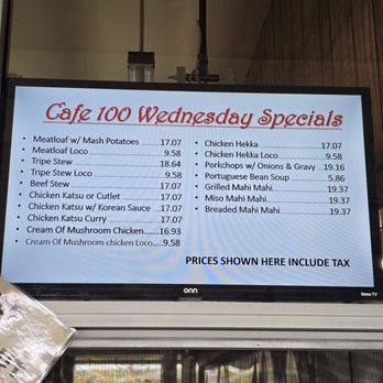 Cafe 100 - Wednesday Specials - Hawaiian Near Me - Hilo, Hawaii