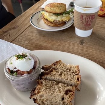Bob's Well Bread - Super duper breakfast and coffee! Sausage biscuit and poached egg, potatoes and bacon pieces in a jar. - Bakeries Near Me - Los Alamos, California Bob's Well Bread - Super duper breakfast and coffee! Sausage biscuit and poached egg, potatoes and bacon pieces in a jar. - Bakeries Near Me - Los Alamos, California