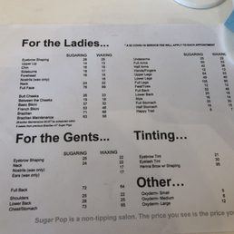 Sugar Pop salon service menu