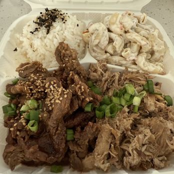 Kalei's Kitchenette - Kalei's Plate which allows you to pick two proteins (excluding loco loco and tofu katsu) so I went with teriyaki beef and kalua pork. - Hawaiian Near Me - San Diego, California Kalei's Kitchenette - Kalei's Plate which allows you to pick two proteins (excluding loco loco and tofu katsu) so I went with teriyaki beef and kalua pork. - Hawaiian Near Me - San Diego, California