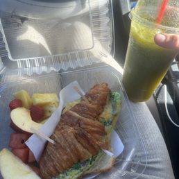 Breakfast sandwich and #6. Apple, Celery, Lemon, Cucumber, Mint Juice