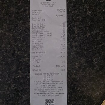 Smokey Bones - This is my receipt from the restaurant - Barbeque Near Me - Maumee, Ohio