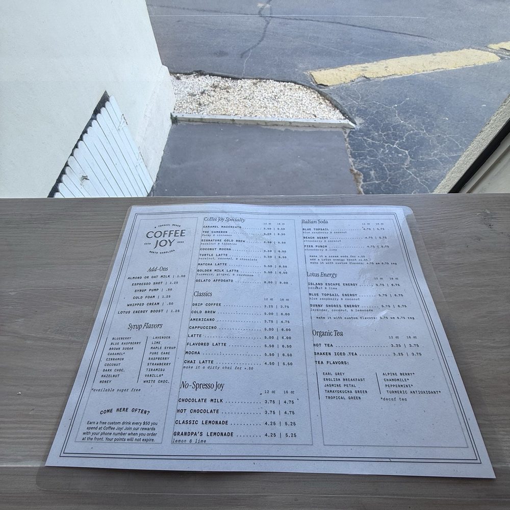 Coffee Joy - Table menus are everywhere throughout the shop. - Coffee & Tea Near Me - North Topsail Beach, North Carolina Coffee Joy - Table menus are everywhere throughout the shop. - Coffee & Tea Near Me - North Topsail Beach, North Carolina