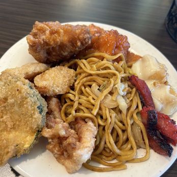 Sunrise Buffet - plate w/ fried zucchini, butterfly shrimp, fried calamari, fried chicken, honey chicken, chow mein, pork, and walnut coconut shrimp - Chinese Near Me - San Diego, California Sunrise Buffet - plate w/ fried zucchini, butterfly shrimp, fried calamari, fried chicken, honey chicken, chow mein, pork, and walnut coconut shrimp - Chinese Near Me - San Diego, California