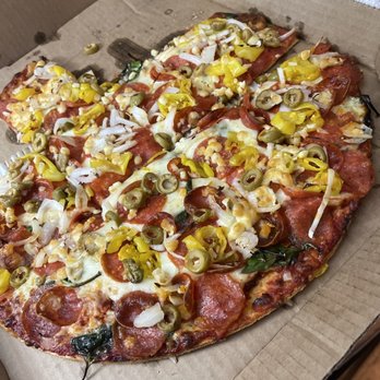 Marco's Pizza - thin crust , pepperoni add spinach , feta ( double feta ) , green olives , banana peppers , onions . ask for it cooked well done also - Chicken Wings Near Me - Upland, California Marco's Pizza - thin crust , pepperoni add spinach , feta ( double feta ) , green olives , banana peppers , onions . ask for it cooked well done also - Chicken Wings Near Me - Upland, California