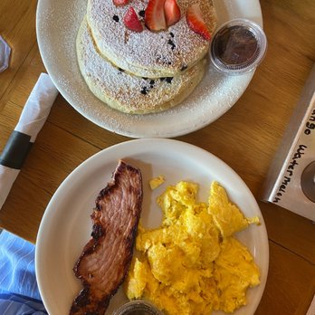 The Peach Cafe - Nuts + bolts (choice: scrambled eggs and smoked ham steak) and half order of blueberry pancakes - New American Near Me - Monrovia, California The Peach Cafe - Nuts + bolts (choice: scrambled eggs and smoked ham steak) and half order of blueberry pancakes - New American Near Me - Monrovia, California