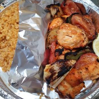 Panini Kabob Grill - Chicken Shish Kabobs with Wheat Pilaf (take out) ($12.95) - Pretty good!! I regularly get this now that I'm trying to cut back on red meat - Mediterranean Near Me - Irvine, California
