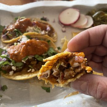 Cinco TacoBar - El Pastor Taco and Carnitas Tacos in the back. - Mexican Near Me - San Leandro, California