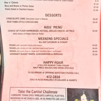Texas Chili Parlor - Menu 3 - American Near Me - Austin, Texas