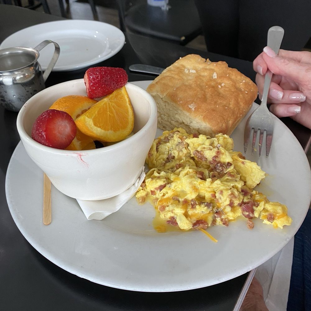 Mama's Boy - Bacon, egg and cheese scramble with a side of fruit and biscuit - Southern Near Me - Athens, Georgia Mama's Boy - Bacon, egg and cheese scramble with a side of fruit and biscuit - Southern Near Me - Athens, Georgia