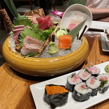 Morimoto Napa - Chef's Combination Sashimi (small), Uni nigiri, Negi-Hamachi maki roll. - Japanese Near Me - Napa, California