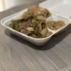 No1 Chinese Restaurant - D18. Pepper Steak with added jumbo shrimp and F5. Shrimp Fried Rice
