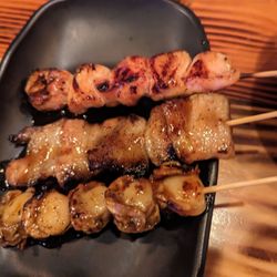 Izakaya Juraku - Chicken thigh (top), pork belly (middle), scallop (bottom) skewers