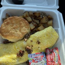 Circle S Farm - Sausage and cheese omelet, biscuit, home fries