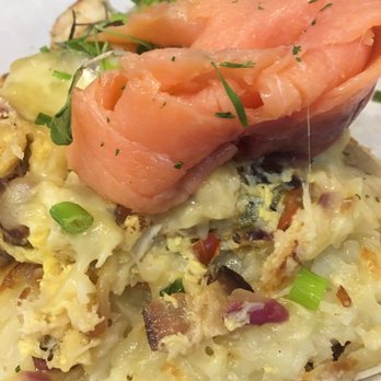 Kitchen Sunnyside - Dungeness Hash is topped with shrimp scampi and salmon. - Breakfast & Brunch Near Me - Mill Valley, California Kitchen Sunnyside - Dungeness Hash is topped with shrimp scampi and salmon. - Breakfast & Brunch Near Me - Mill Valley, California