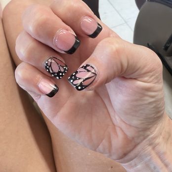TM Nails & Spa - Cat eye pink with black butterfly outline - Waxing Near Me - San Marcos, California TM Nails & Spa - Cat eye pink with black butterfly outline - Waxing Near Me - San Marcos, California