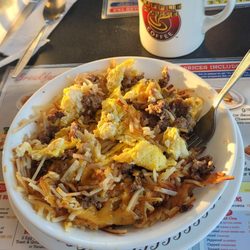 Waffle House - 12/4/23 Scrambled egg and cheese hash brown bowl. Cawfee