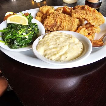 St Augustine Fish Camp - Fried Mahi Mahi collard greens and grits - Seafood Near Me - St Augustine, Florida