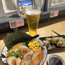 Sora Sapporo Ramen - Spicy miso ramen add corn, seaweed and black garlic oil on the side. Takoyaki on the side.