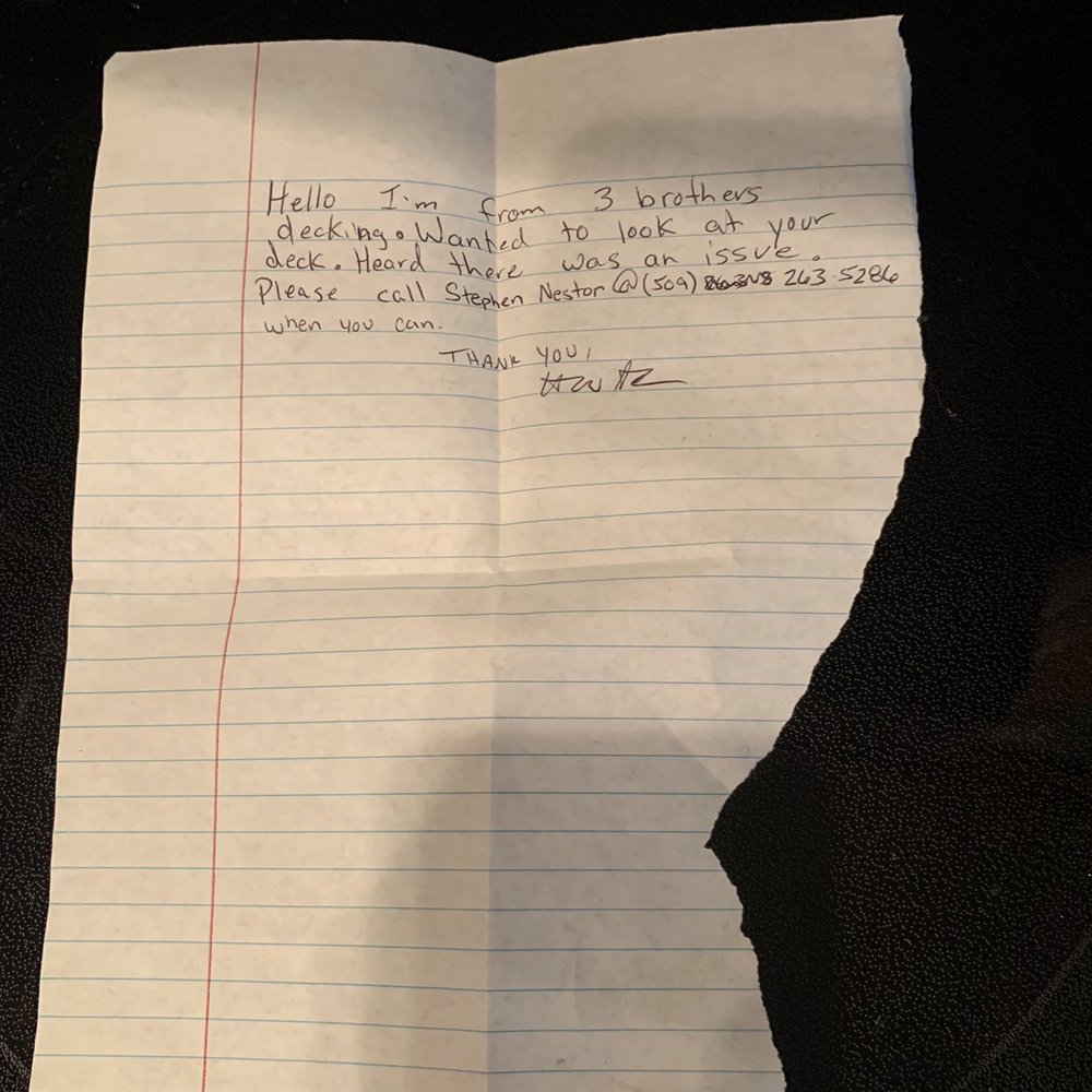 3 Brothers Decking - The note left UNDER the welcome sign. - Decks & Railing Near Me - Bellevue, Washington 3 Brothers Decking - The note left UNDER the welcome sign. - Decks & Railing Near Me - Bellevue, Washington