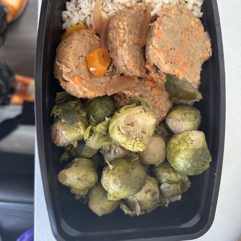 Ray's Vegan Soul - Vegan meatballs, rice, and brussel sprouts. - Vegan Near Me Ray's Vegan Soul - Vegan meatballs, rice, and brussel sprouts. - Vegan Near Me