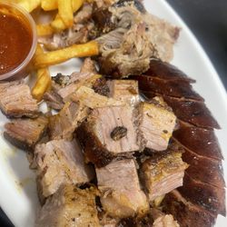 The Ranch KC - 3 meat plate burnt ends. Smoked sausage and pulled pork