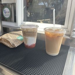 Swirl brew (almond horchata and cold brew) Strawberry latte Brisket kolache Swirl brew (almond horchata and cold brew) Strawberry latte Brisket kolache