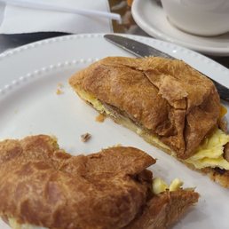Sausage, egg, and cheddar cheese croissant. Delicious! The croissant was buttery.