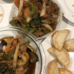 Crab Rangoon, Spicy Eggplant (bottom left), and drunken noodle (top) Crab Rangoon, Spicy Eggplant (bottom left), and drunken noodle (top)