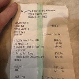 Receipt of being charged $84 for one margarita, in addition to $74 for tequila when the whole bottle of Mijenta is $79. Receipt of being charged $84 for one margarita, in addition to $74 for tequila when the whole bottle of Mijenta is $79.