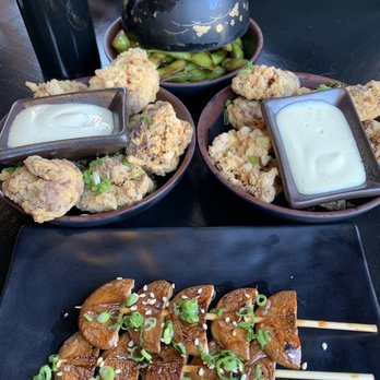 MAMI PORTLAND - Karage, Shaki skewer mushroom, and spicy stir fry edamame. - Japanese Near Me - Portland, Maine