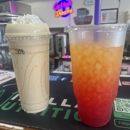 Banana nut protein shake and passionfruit mega tea