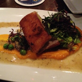 Haven Craft Kitchen + Bar - Braised pork belly, carrot purée, morels, pea tendrils, asparagus, peas, mustard vinaigrette - New American Near Me - Orange, California