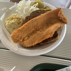 Karban Knotty Pines - Walleye plate on marbled rye with potato salad!