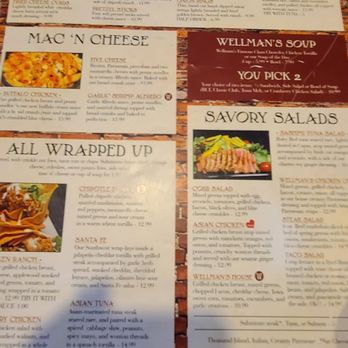 Wellman's Pub - Menu - A printed menu from Wellman's Pub displays sections for appetizers, entrees, salads, and soups, with images of some dishes and drink options. - Pubs Near Me - Des Moines, Iowa