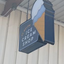 Hanging ad outside - The sign is suspended from the ceiling with two chains and displays a scoop of ice cream with a cone, along with the text 'Ben & Jerry's Ice Cream Shop.' The background of the sign is dark, and it is mounted on a wall with vertical metal siding. The sign is designed to attract customers to the ice cream shop.