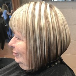 Stranded Beauty Bar - A lil dramatic but gentle A line Bob with dramatic highlights.