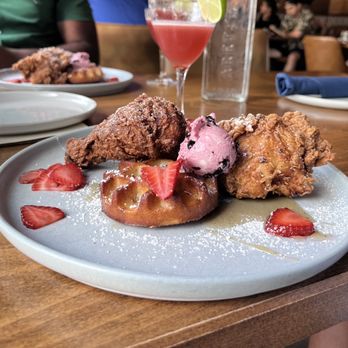 The Monroe - Chicken and waffles and Bowser's Serenade, zero proof cocktail. - New American Near Me - Orlando, Florida The Monroe - Chicken and waffles and Bowser's Serenade, zero proof cocktail. - New American Near Me - Orlando, Florida