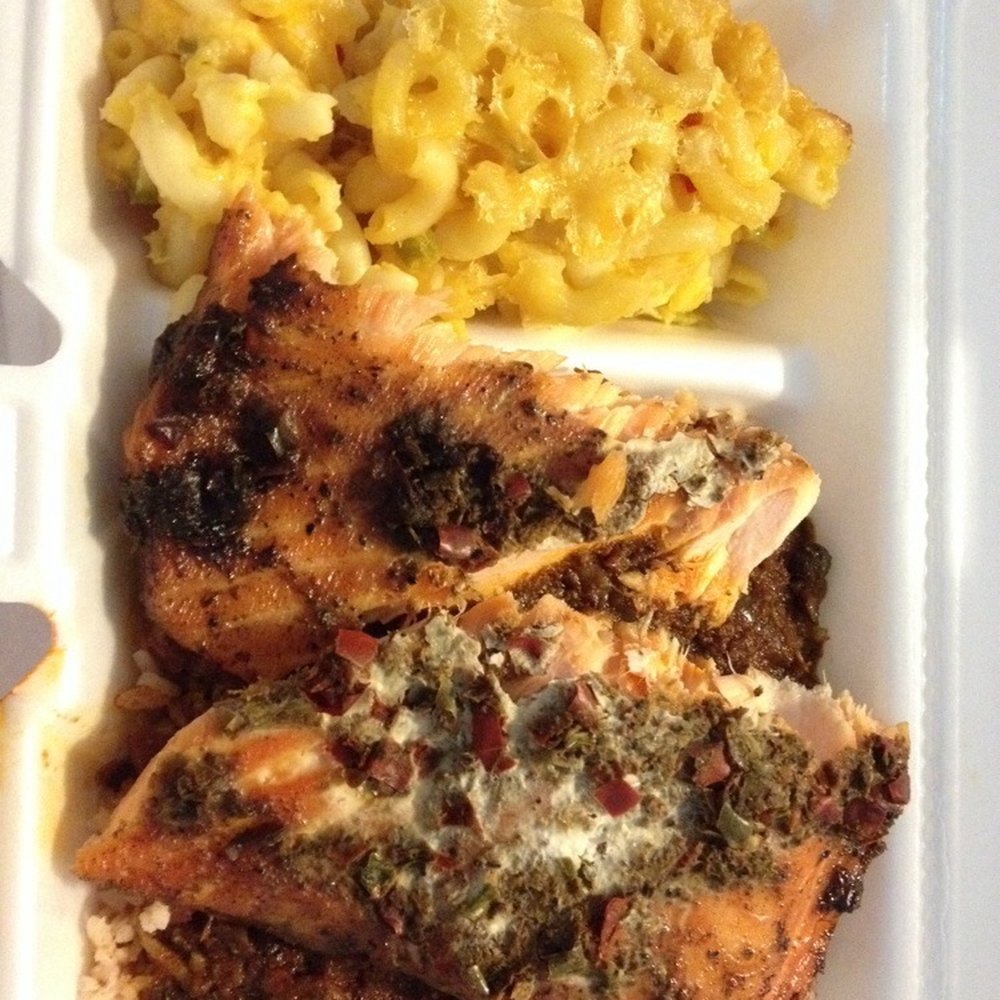 Bennett 5 Star Grill - Jerk salmon with rice and peas and Mac and cheese. - Caribbean Near Me - Clarksville, Maryland
