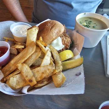 Sundrenched - Fish sandwich and cup of chowder - Seafood Near Me - Bailey Island, Maine