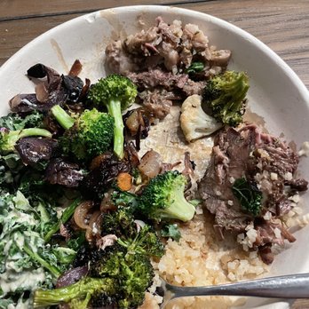 Modern Market Eatery - Braised beef in a double veggie side protein bowl.... But over half gristle. - Breakfast & Brunch Near Me - Colorado Springs, Colorado
